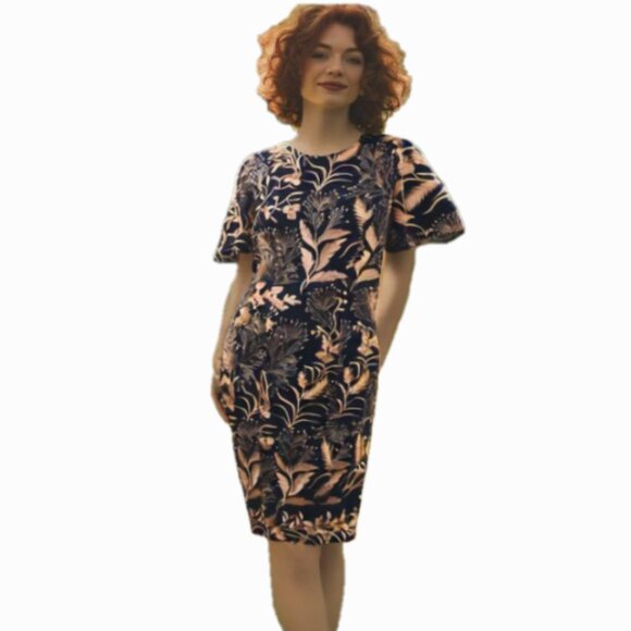 JS Collections Maya Flutter Sleeve Tea Length Blue Embroidered Dress Size 8 - Picture 2 of 10